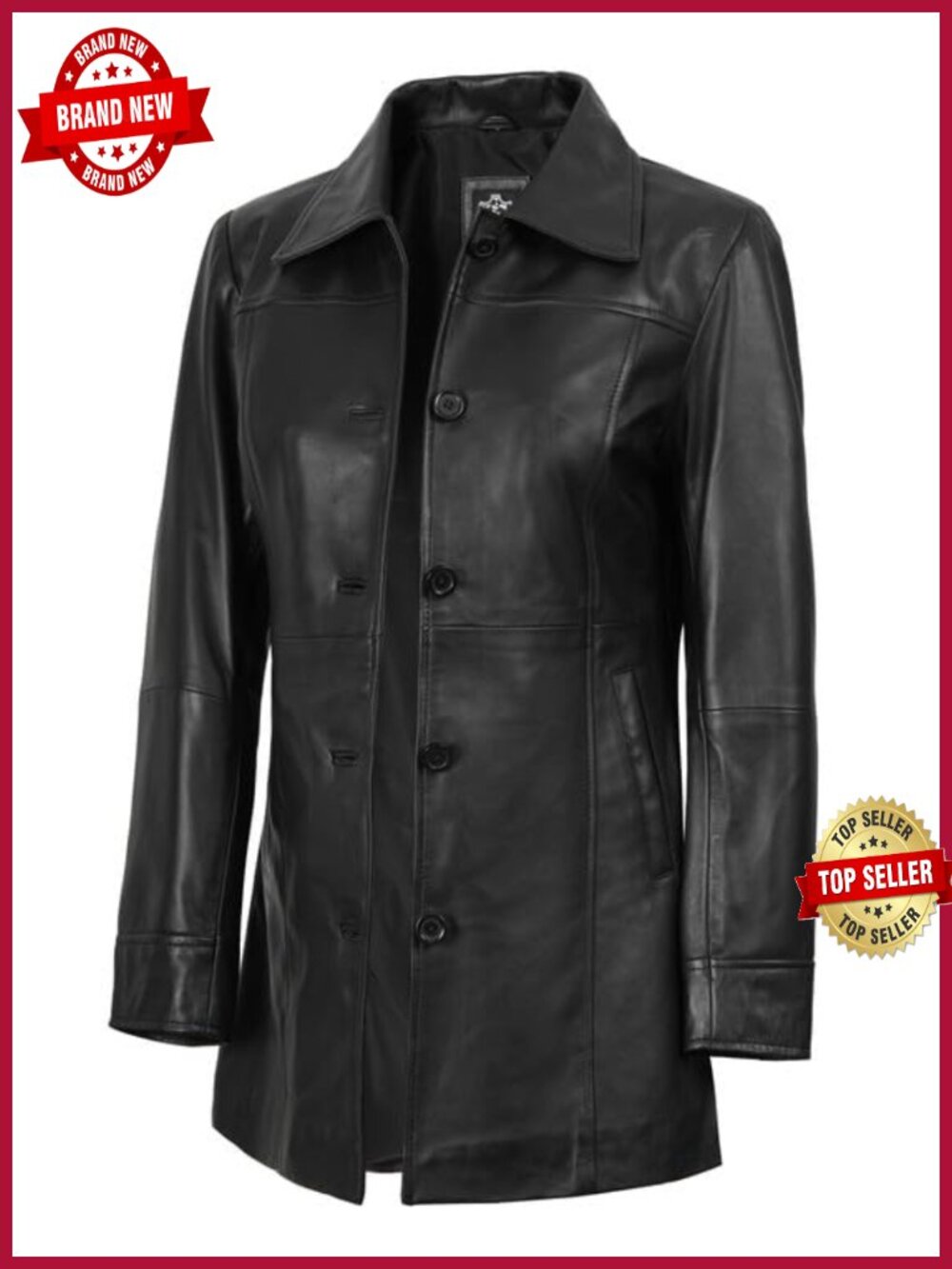 Real Lambskin Leather Car Coat 3/4 Length Button Front Shirt Collar